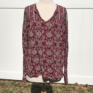 Lucky 🍀 Brand V Neck Long Sleeve Red Tan Floral Pull Over Blouse Size Medium